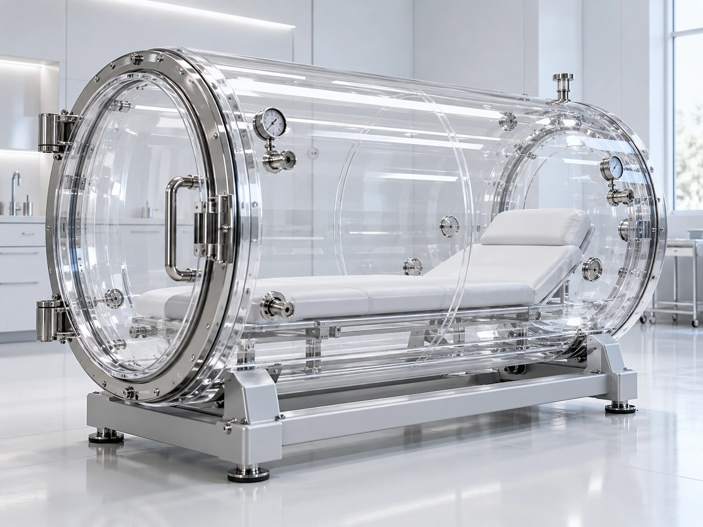 Illustrative transparent hyperbaric chamber concept in a clinical setting