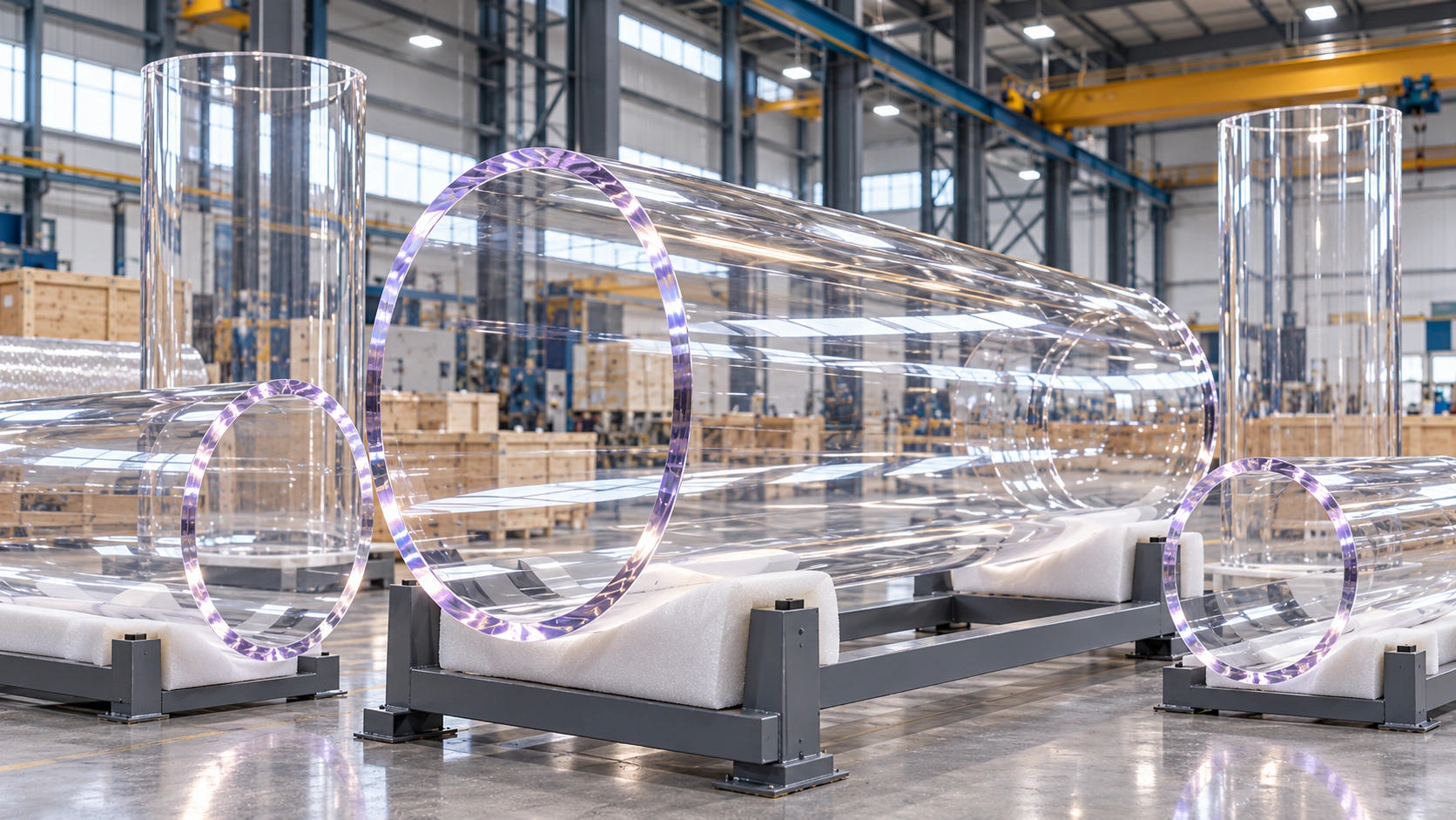 Transparent thick-wall cast acrylic cylinders prepared for export